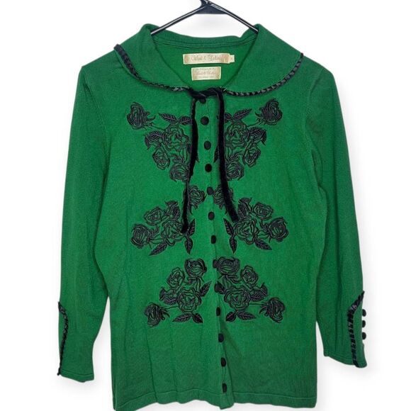 Wheels and Dollbaby Women's Plus Size Dita Cardigan Emerald with Black Embroider - Picture 2 of 10